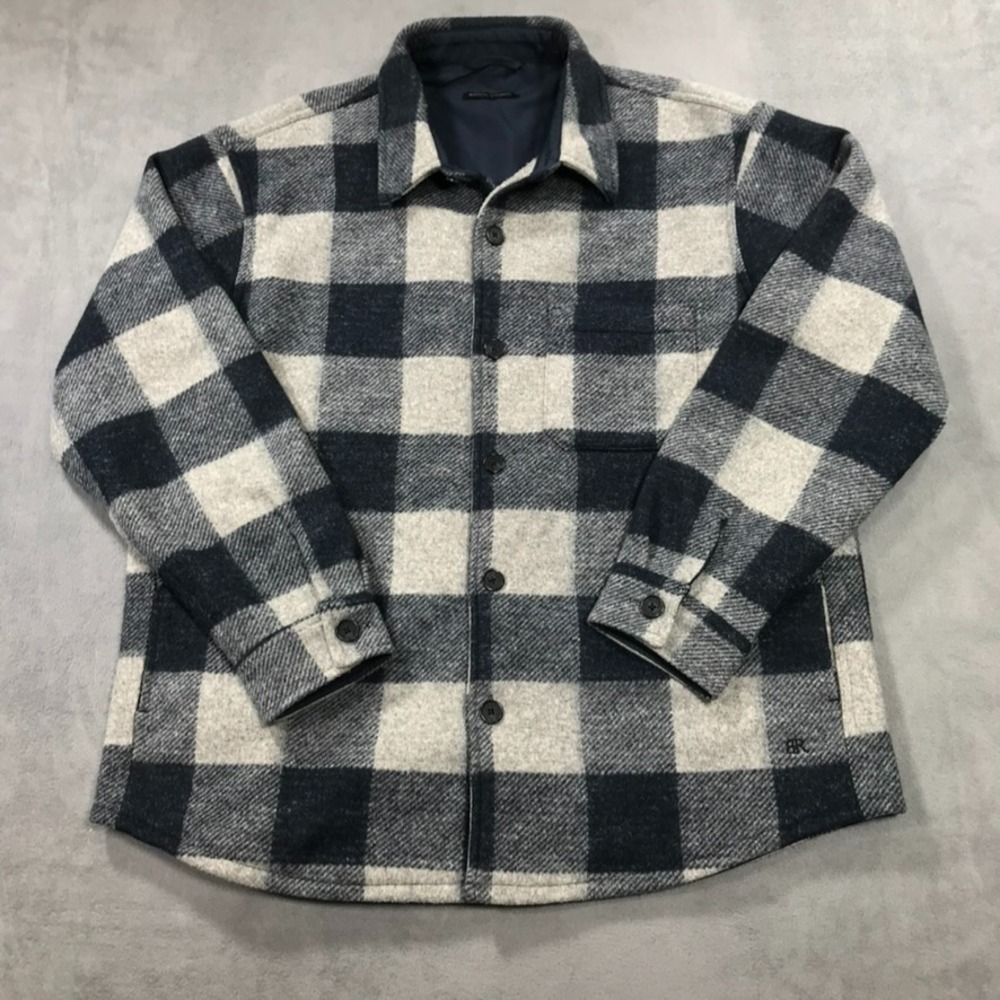 Banana Republic Mens XL Blue Gray Plaid Flannel Shirt Jacket Shacket Pockets